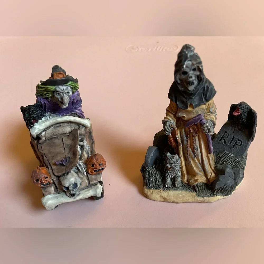 Spooky Halloween Figurine Set with Witch and Reaper Witches Hat Broken
